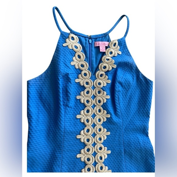 Lilly Pulitzer Pearl Lapis Blue Gold Lace Pique Shift Dress Rare - Picture 3 of 4